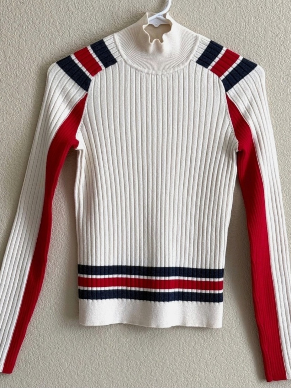rag & bone Wool Ribbed Turtleneck Sweater - Cream Red & Navy Blue Stripes